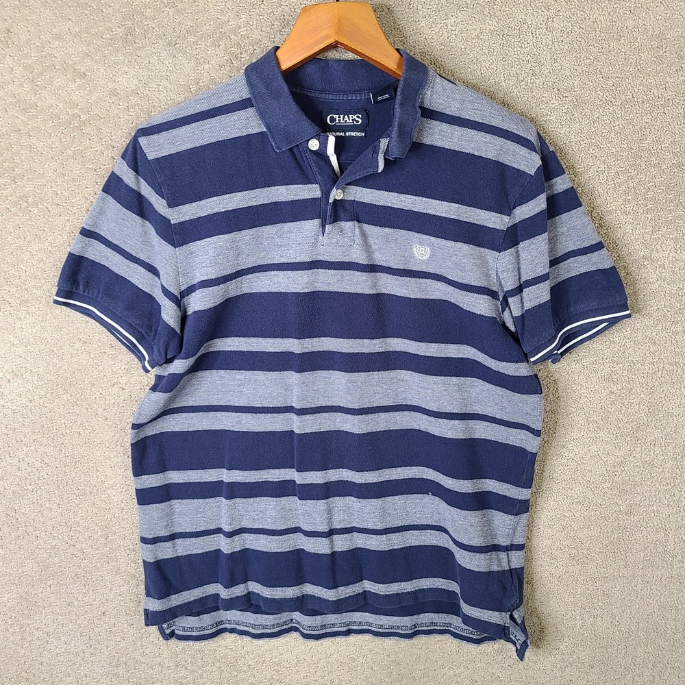 Chaps Shirt Men Medium Blue Gray Striped Polo Natural Stretch Golf Cotton Preppy